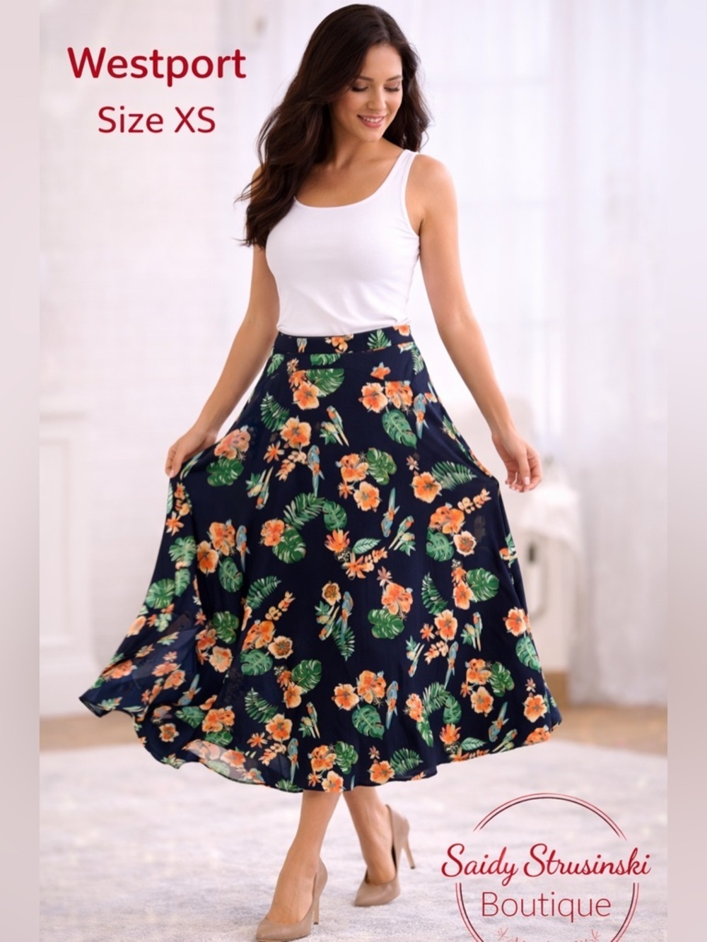 WESTPORT printed floral casual boho summer style midi skirt/size XS